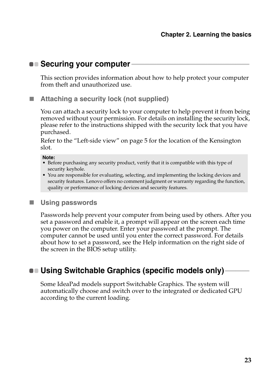 Securing your computer, Using switchable graphics (specific models only) | Lenovo IdeaPad P585 User Manual | Page 27 / 53