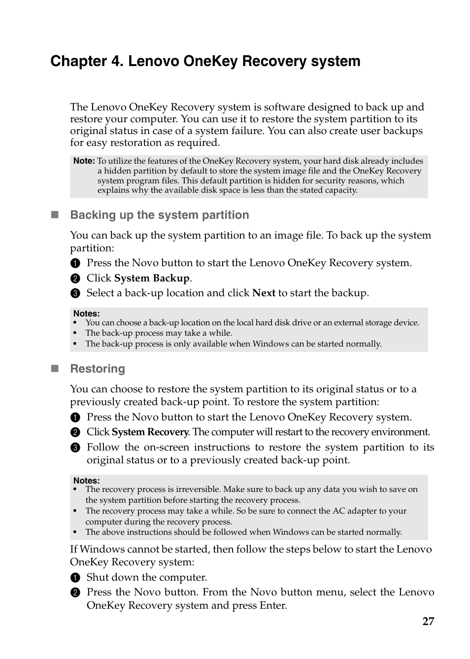 Chapter 4. lenovo onekey recovery system | Lenovo IdeaPad P585 User Manual | Page 31 / 53