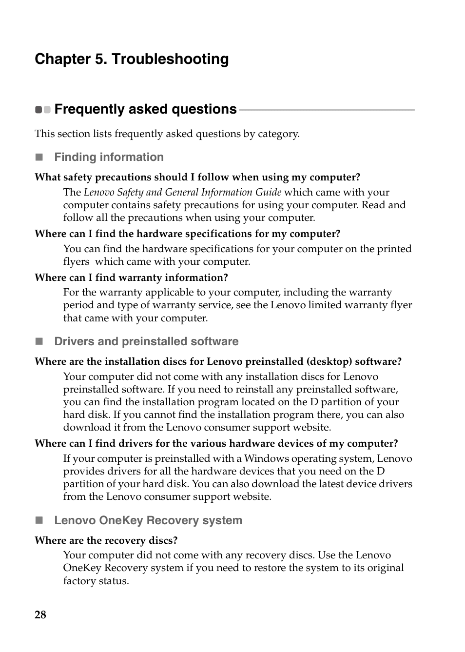 Chapter 5. troubleshooting, Frequently asked questions | Lenovo IdeaPad P585 User Manual | Page 32 / 53