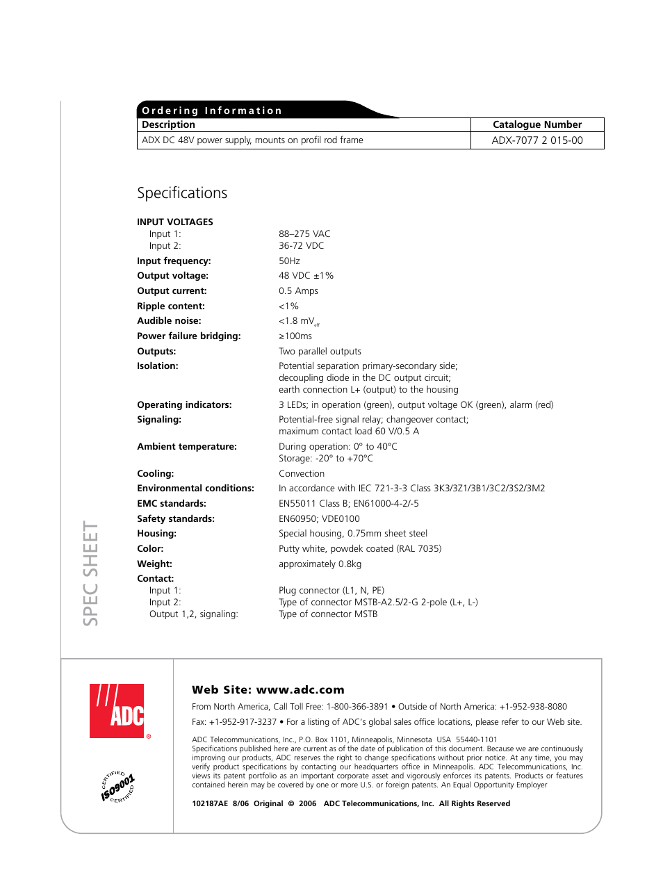 Sp ec s h ee t, Specifications | ADC ADX DC User Manual | Page 2 / 2
