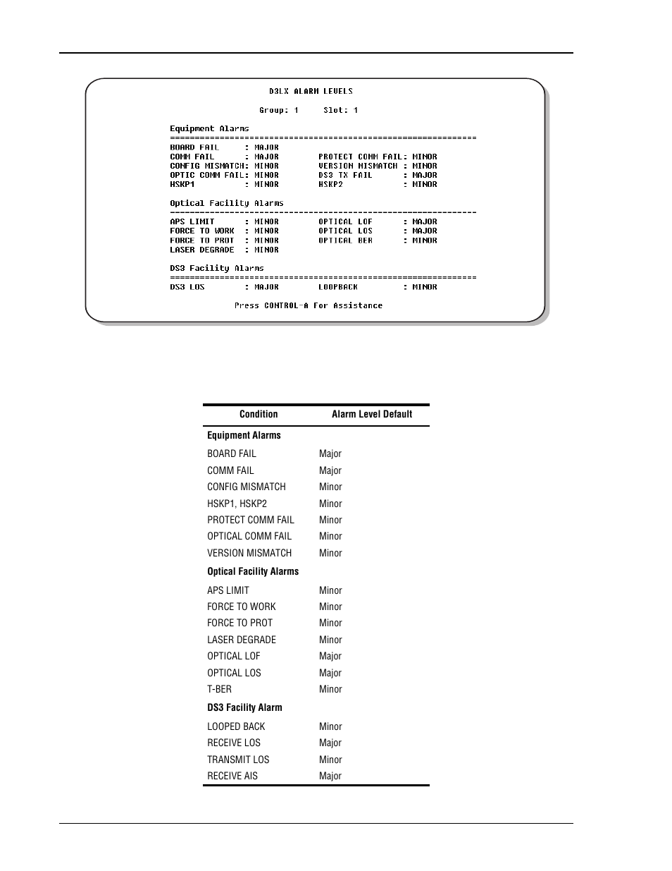 D3lx alarm setting menu, D3lx alarm level defaults | ADC DL3XR-FCA100 User Manual | Page 34 / 52