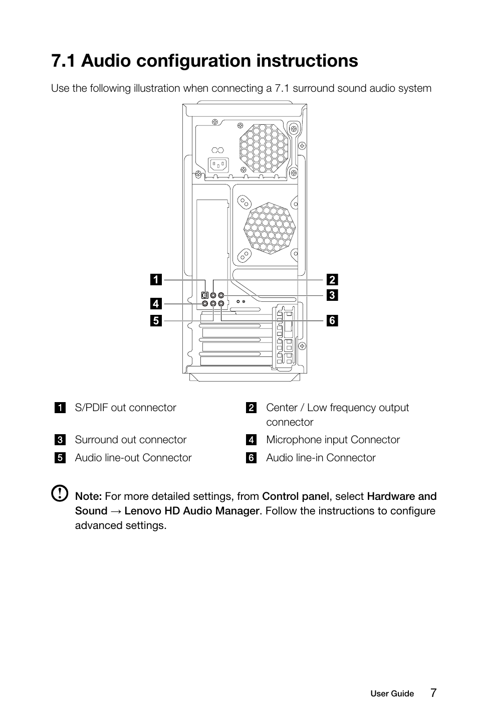 1 audio configuration instructions | Lenovo K450e Desktop User Manual | Page 12 / 55