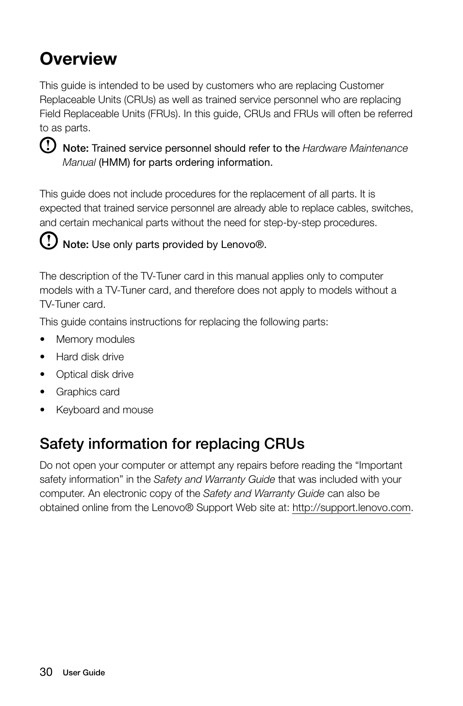 Overview, Safety information for replacing crus | Lenovo K450e Desktop User Manual | Page 35 / 55