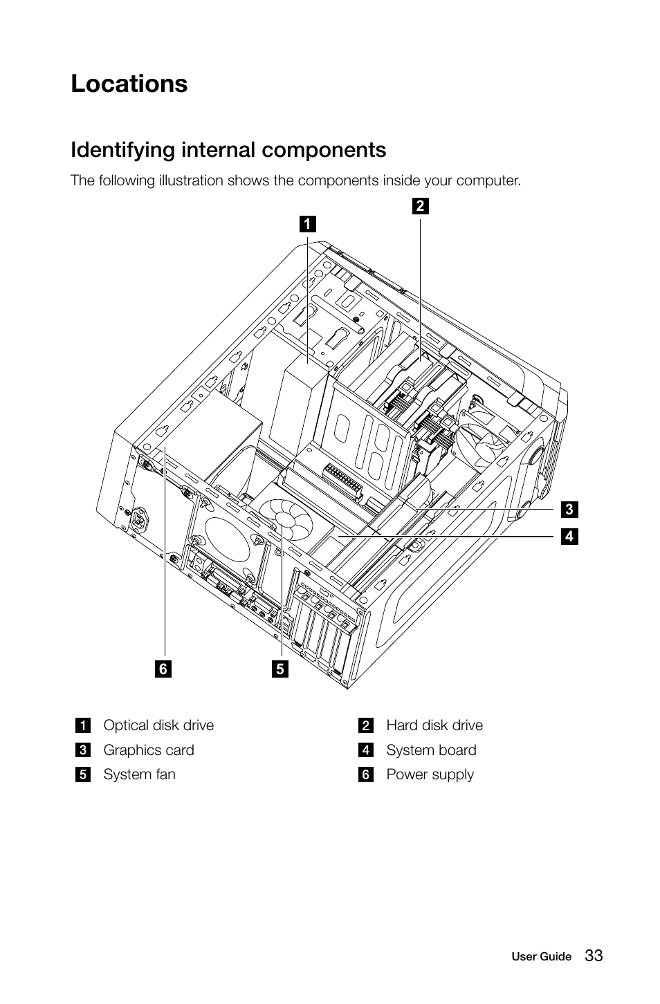 Locations, Identifying internal components | Lenovo K450e Desktop User Manual | Page 38 / 55
