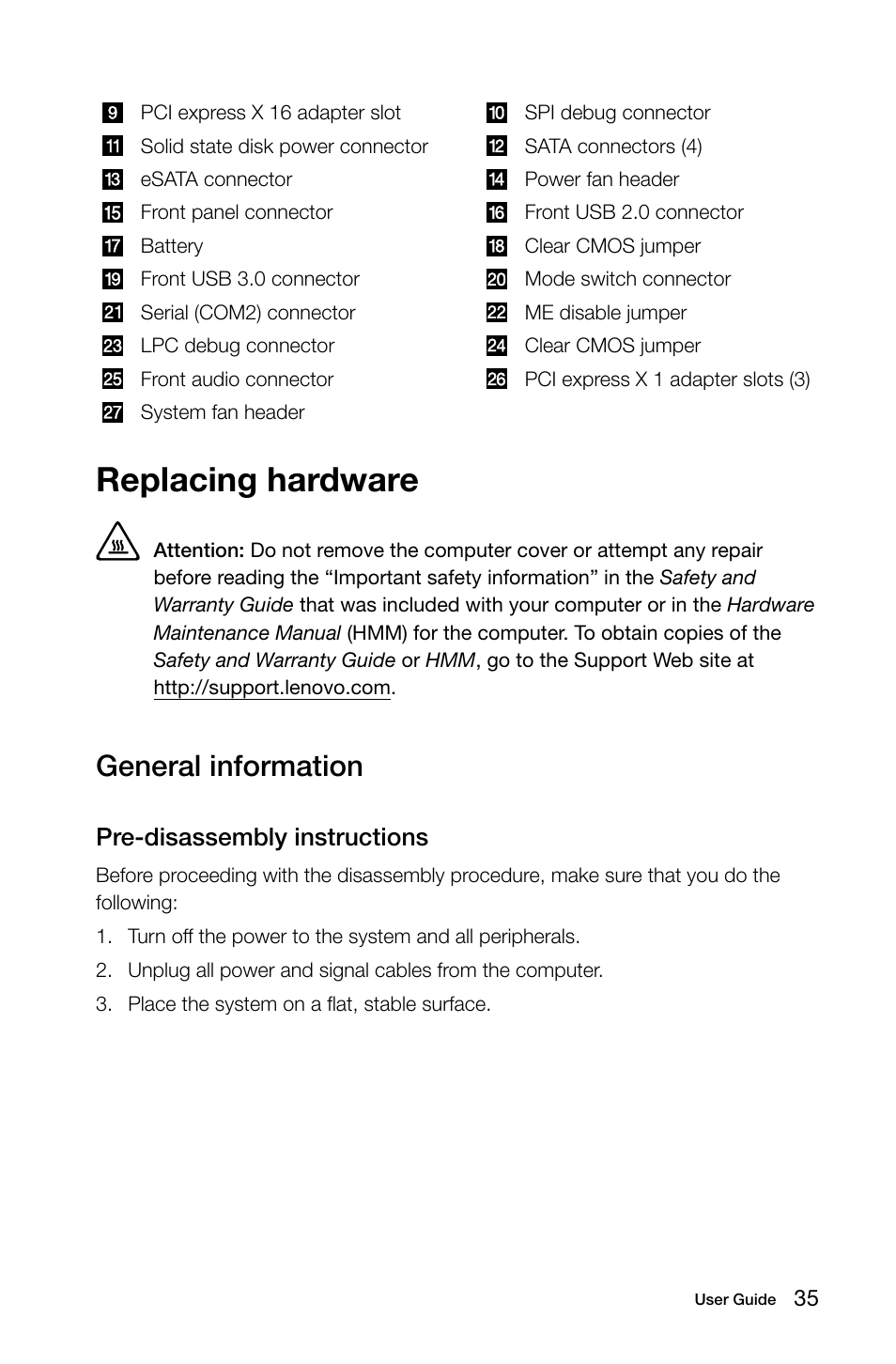 Replacing hardware, General information, Pre-disassembly instructions | Lenovo K450e Desktop User Manual | Page 40 / 55