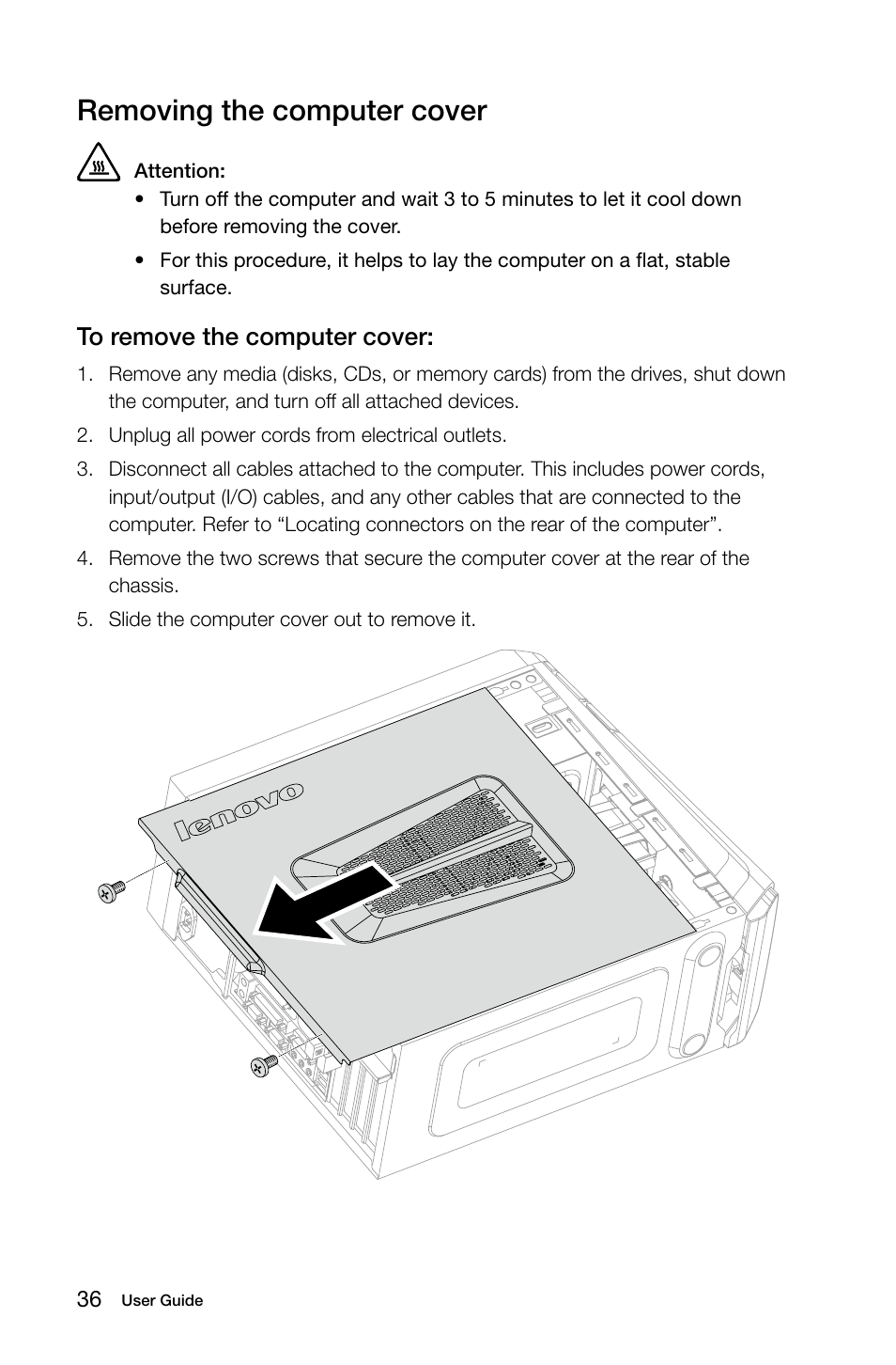 Removing the computer cover | Lenovo K450e Desktop User Manual | Page 41 / 55