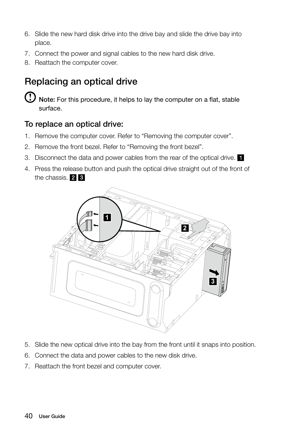 Replacing an optical drive | Lenovo K450e Desktop User Manual | Page 45 / 55