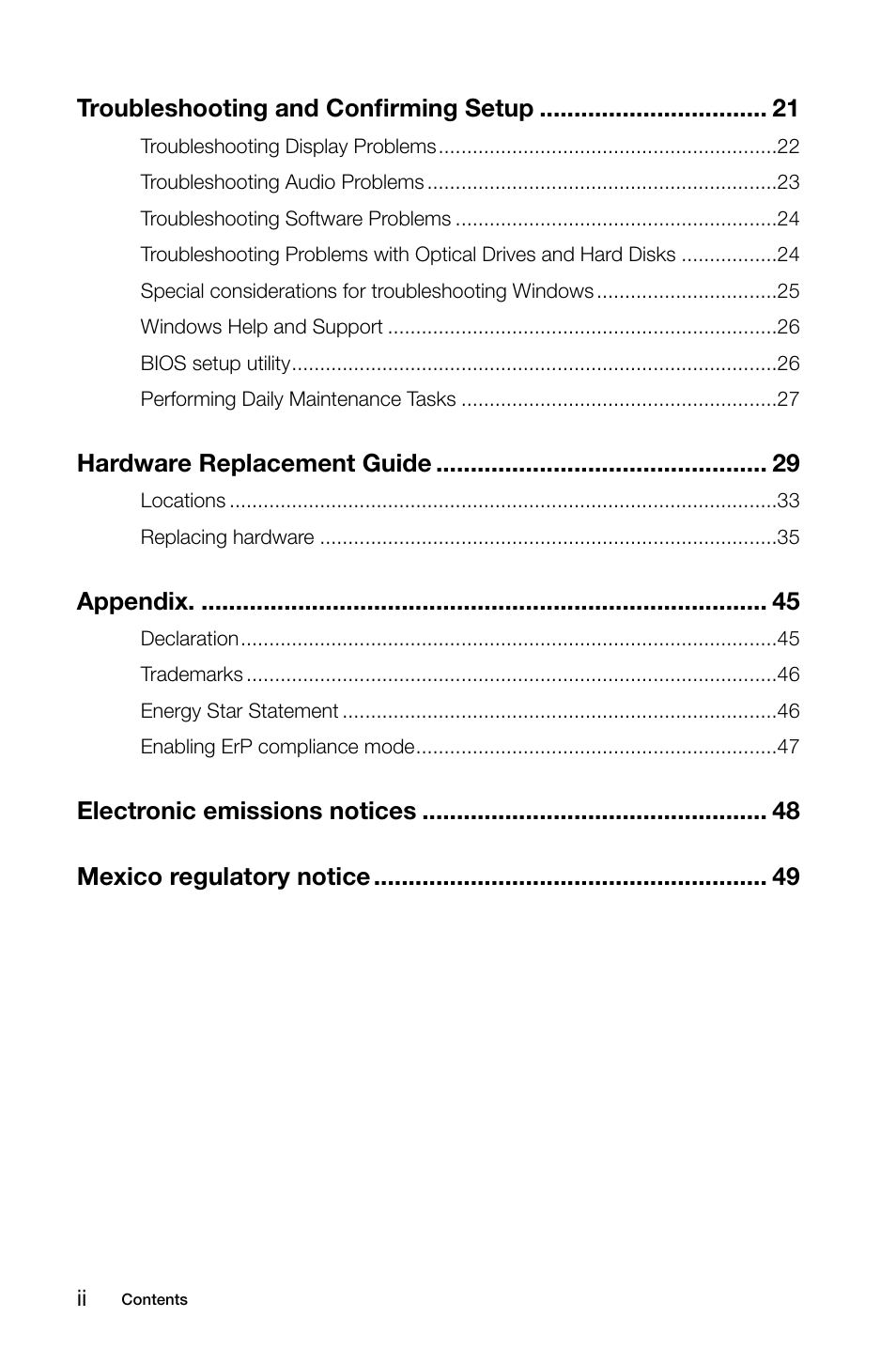 Troubleshooting and confirming setup, Hardware replacement guide, Appendix | Lenovo K450e Desktop User Manual | Page 5 / 55