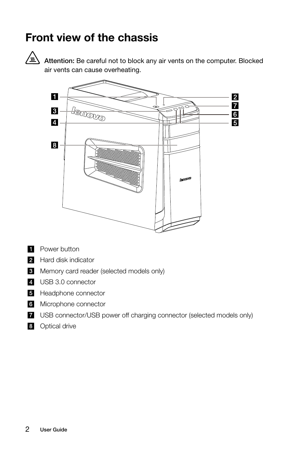 Front view of the chassis | Lenovo K450e Desktop User Manual | Page 7 / 55