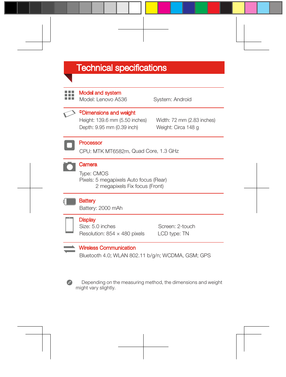 Technical specifications | Lenovo A536 Smartphone User Manual | Page 2 / 6