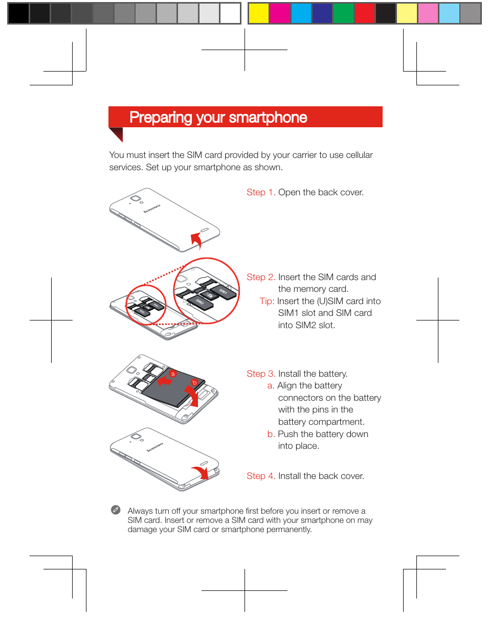 Preparing your smartphone | Lenovo A536 Smartphone User Manual | Page 4 / 6