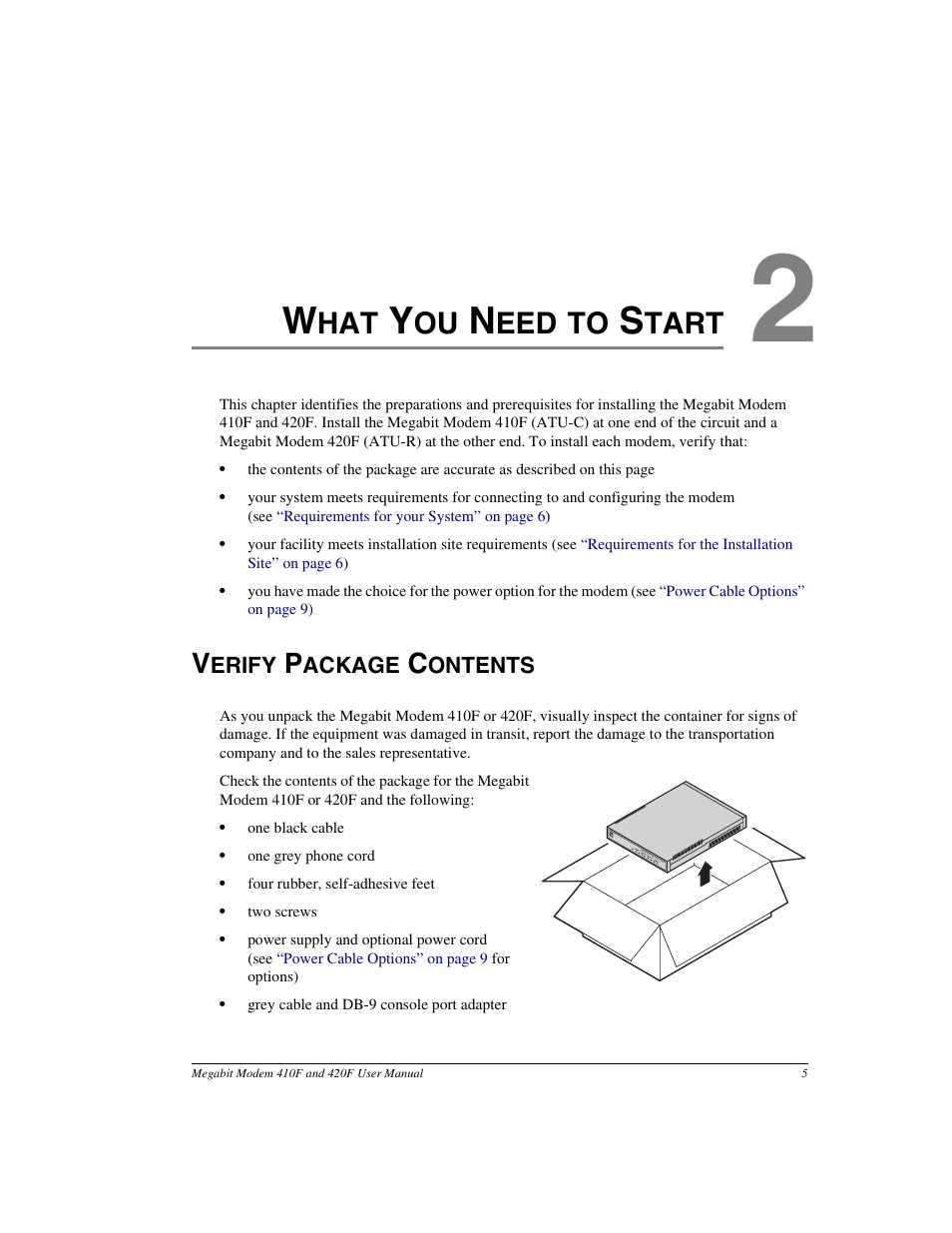 What you need to start, Verify package contents, Chapter 2: what you need to start | Eed to, Tart | ADC 410F User Manual | Page 13 / 106