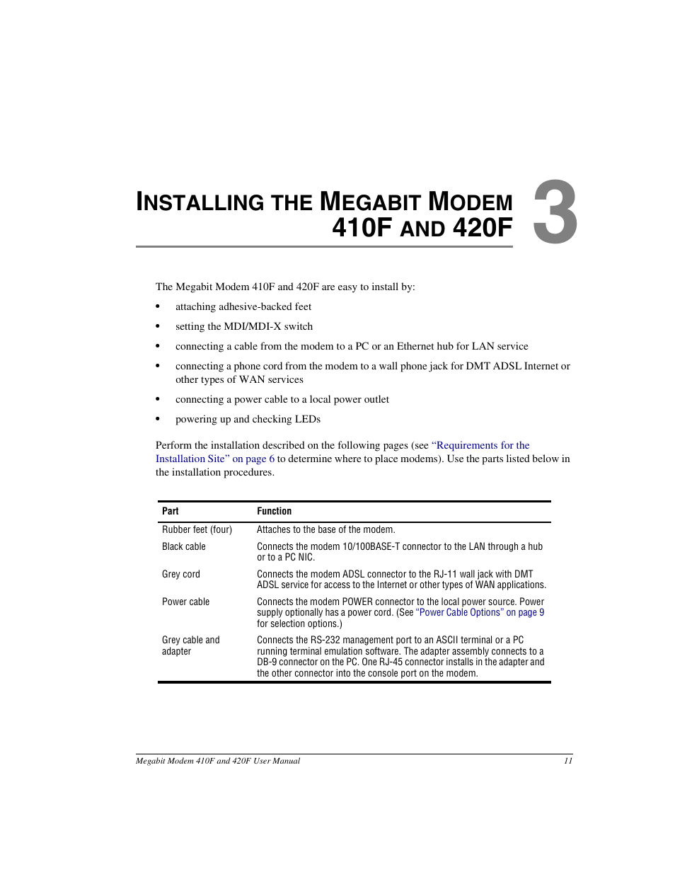 Installing the megabit modem 410f and 420f, Installing the mega, 410f | 420f, Nstalling the, Egabit, Odem | ADC 410F User Manual | Page 19 / 106