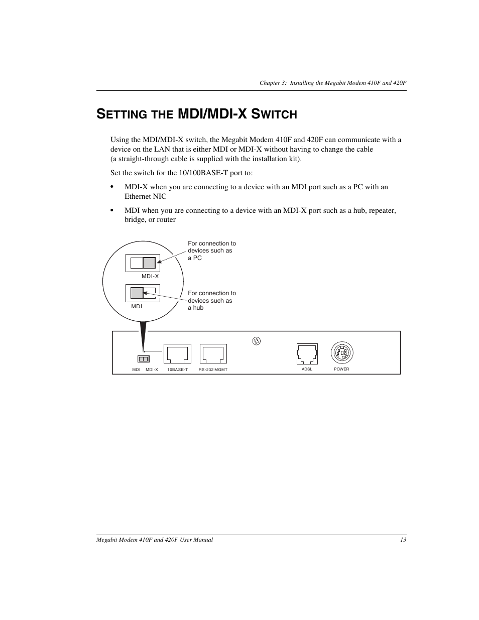 Setting the mdi/mdi-x switch, Mdi/mdi-x s, Etting the | Witch | ADC 410F User Manual | Page 21 / 106