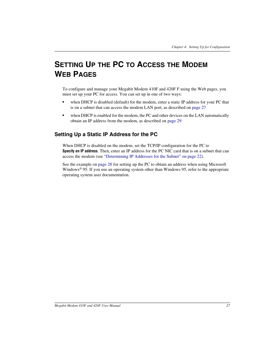 Setting up a static ip address for the pc, Setting up the pc to access the modem, Etting | P the, Ccess the, Odem, Ages | ADC 410F User Manual | Page 35 / 106