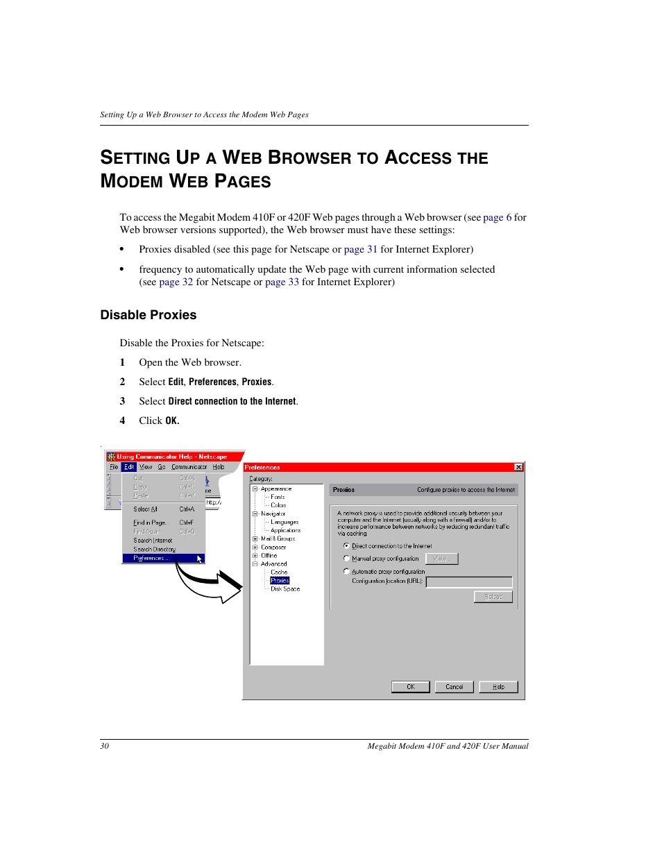 Disable proxies, Etting, Rowser to | Ccess the, Odem, Ages | ADC 410F User Manual | Page 38 / 106