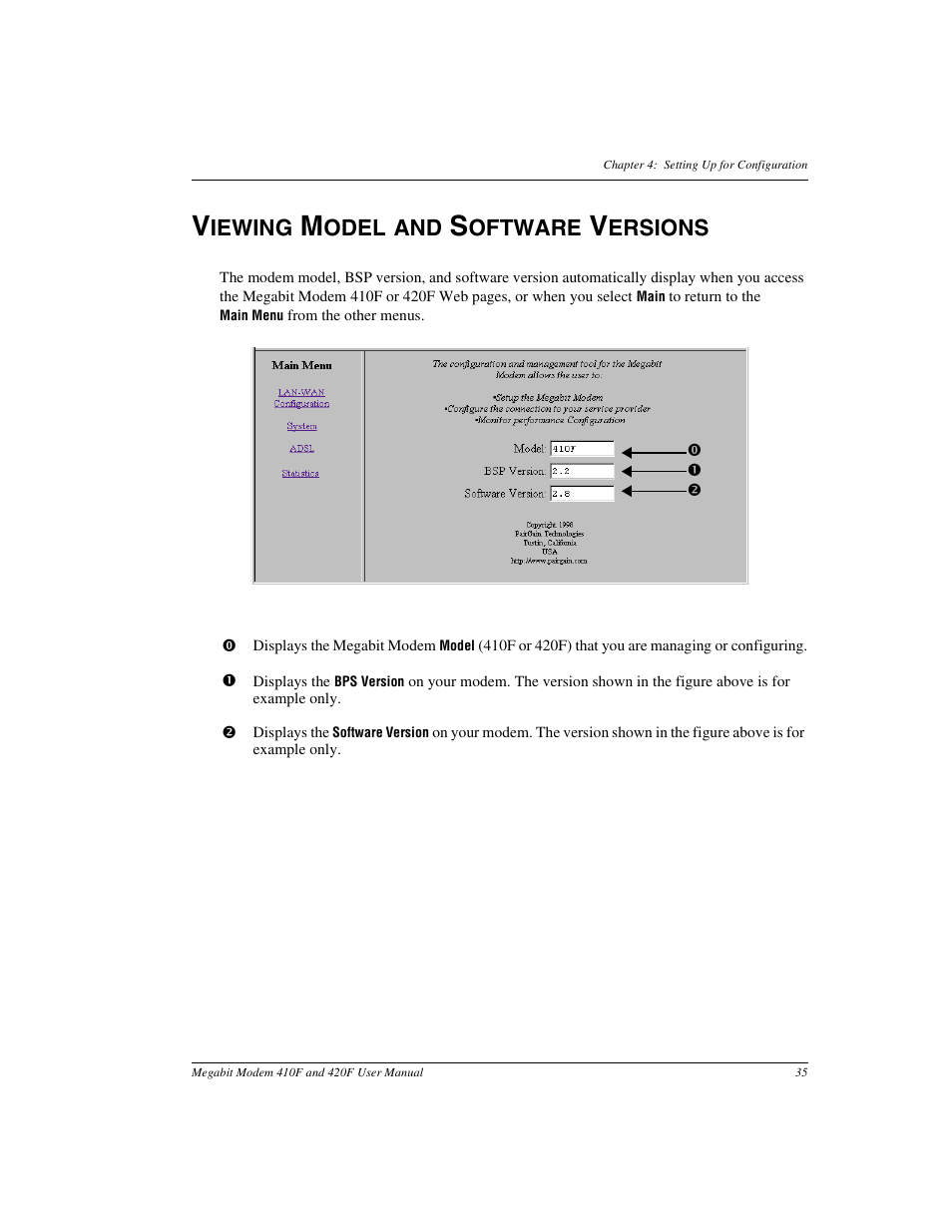 Viewing model and software versions, Iewing, Odel and | Oftware, Ersions | ADC 410F User Manual | Page 43 / 106