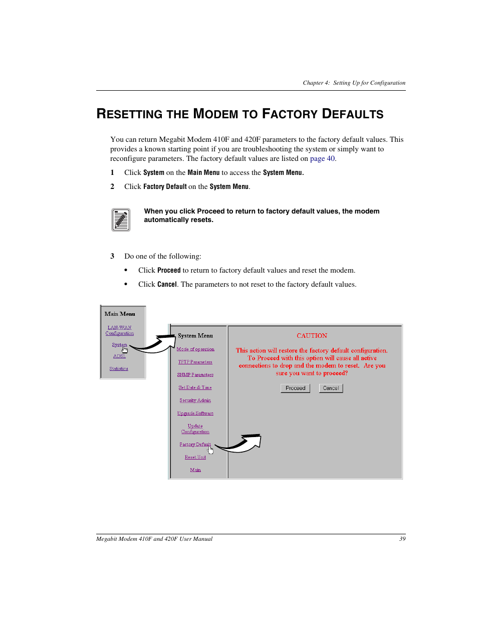 Resetting the modem to factory defaults, Esetting the, Odem to | Actory, Efaults | ADC 410F User Manual | Page 47 / 106