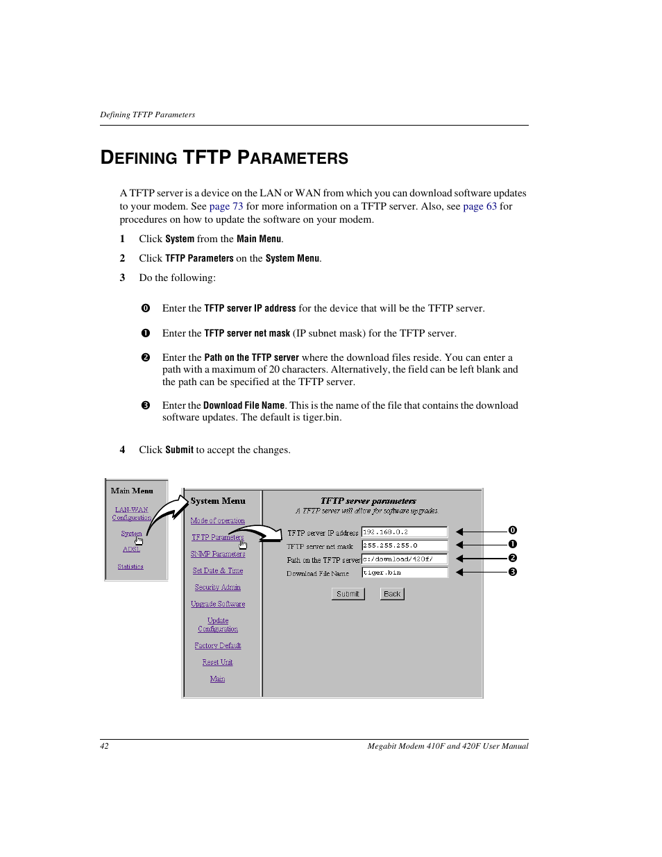 Defining tftp parameters, Tftp p, Efining | Arameters | ADC 410F User Manual | Page 50 / 106