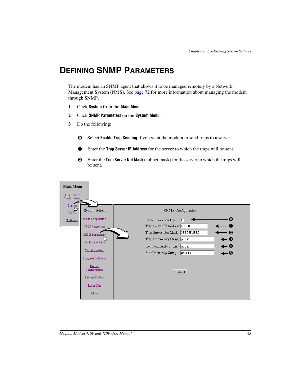 Defining snmp parameters, Snmp p, Efining | Arameters | ADC 410F User Manual | Page 51 / 106
