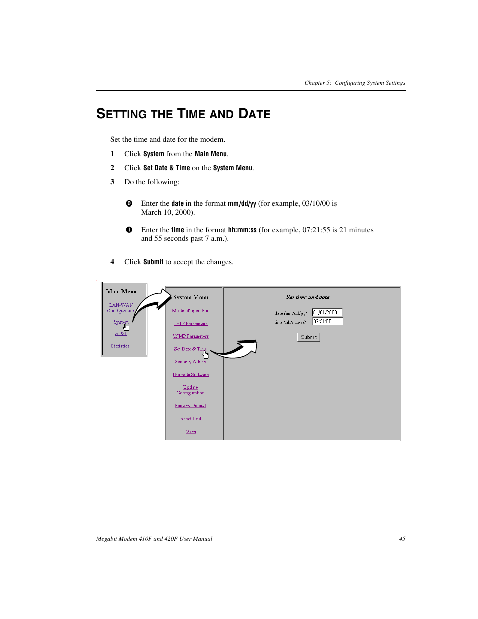 Setting the time and date, Etting the, Ime and | ADC 410F User Manual | Page 53 / 106