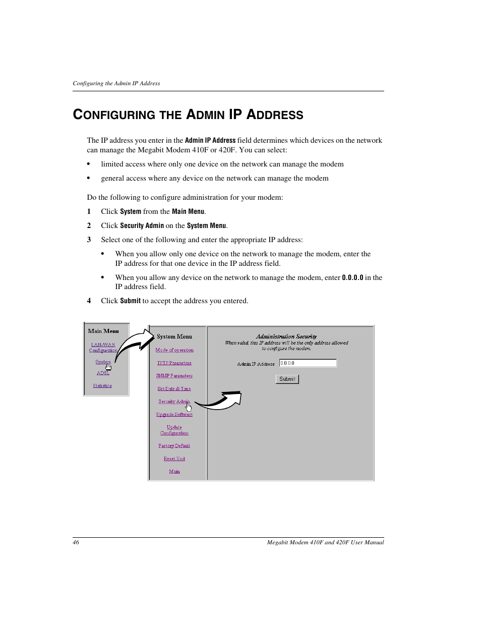 Configuring the admin ip address, Configuring the, Ip a | Onfiguring the, Dmin, Ddress | ADC 410F User Manual | Page 54 / 106