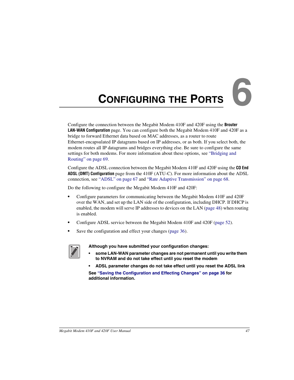 Configuring the ports, Chapter 6: configuring the ports, Chapter 6 | Onfiguring the, Orts | ADC 410F User Manual | Page 55 / 106
