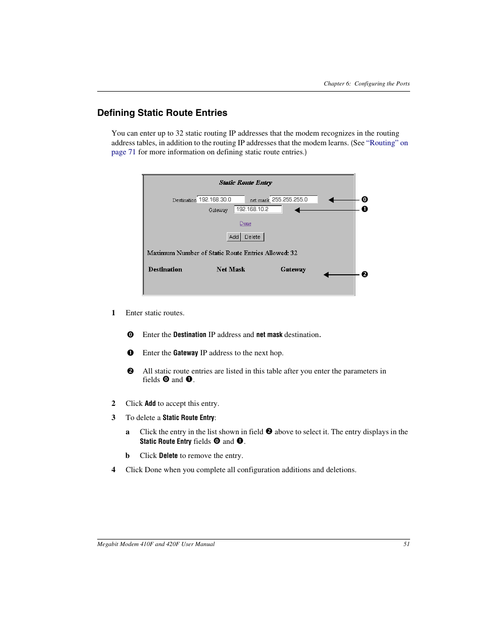 Defining static route entries | ADC 410F User Manual | Page 59 / 106