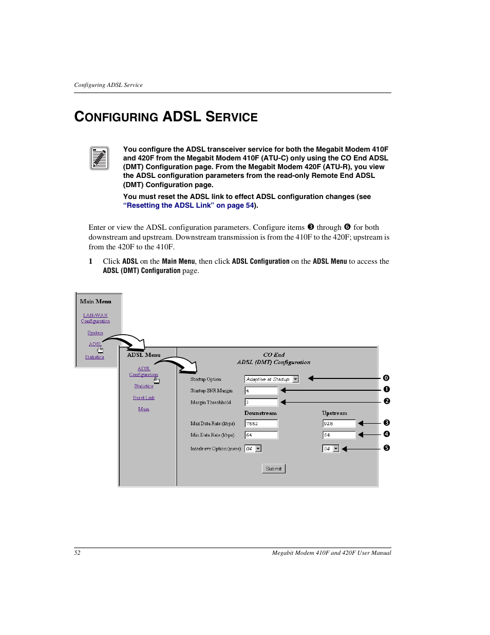 Configuring adsl service, Adsl s, Onfiguring | Ervice | ADC 410F User Manual | Page 60 / 106