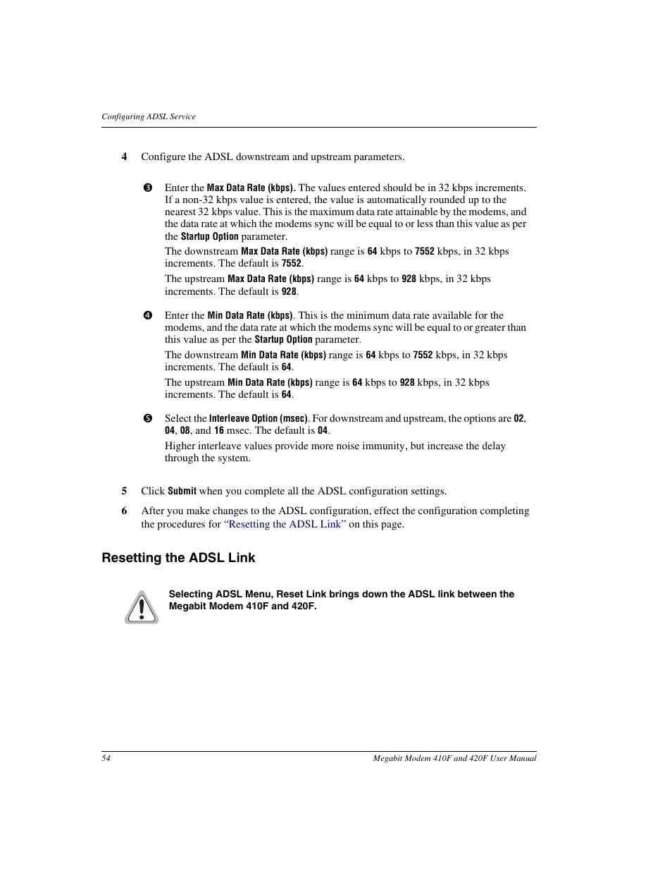 Resetting the adsl link | ADC 410F User Manual | Page 62 / 106