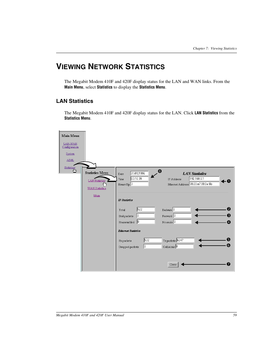 Viewing network statistics, Lan statistics, Iewing | Etwork, Tatistics | ADC 410F User Manual | Page 67 / 106