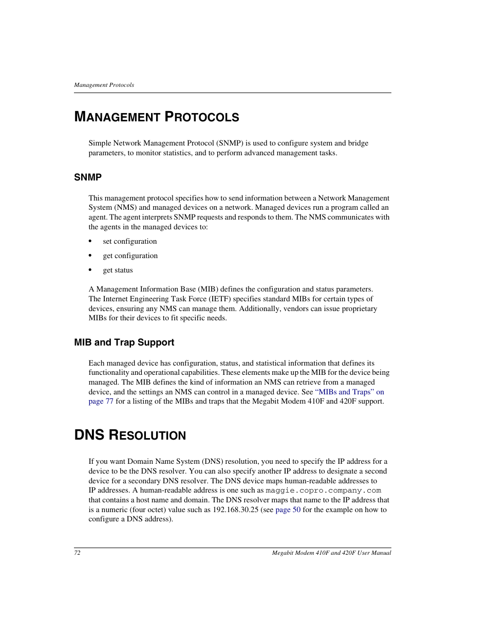 Management protocols, Snmp, Mib and trap support | Dns resolution, Dns r, Anagement, Rotocols, Esolution | ADC 410F User Manual | Page 80 / 106