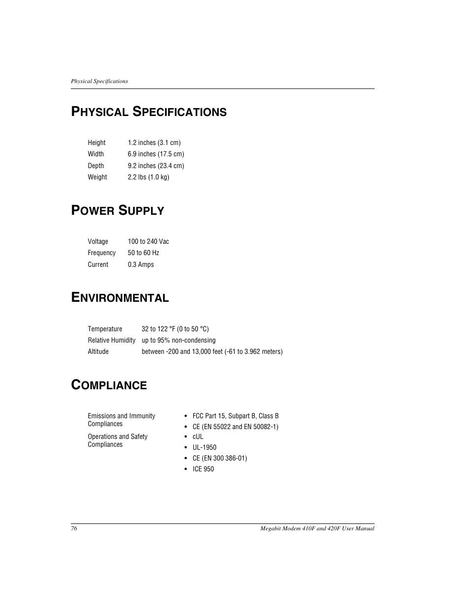 Physical specifications, Power supply, Environmental | Compliance, Hysical, Pecifications, Ower, Upply, Nvironmental, Ompliance | ADC 410F User Manual | Page 84 / 106