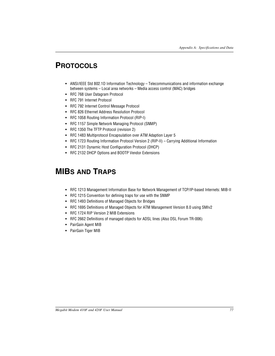 Protocols, Mibs and traps, Rotocols | S and, Raps | ADC 410F User Manual | Page 85 / 106