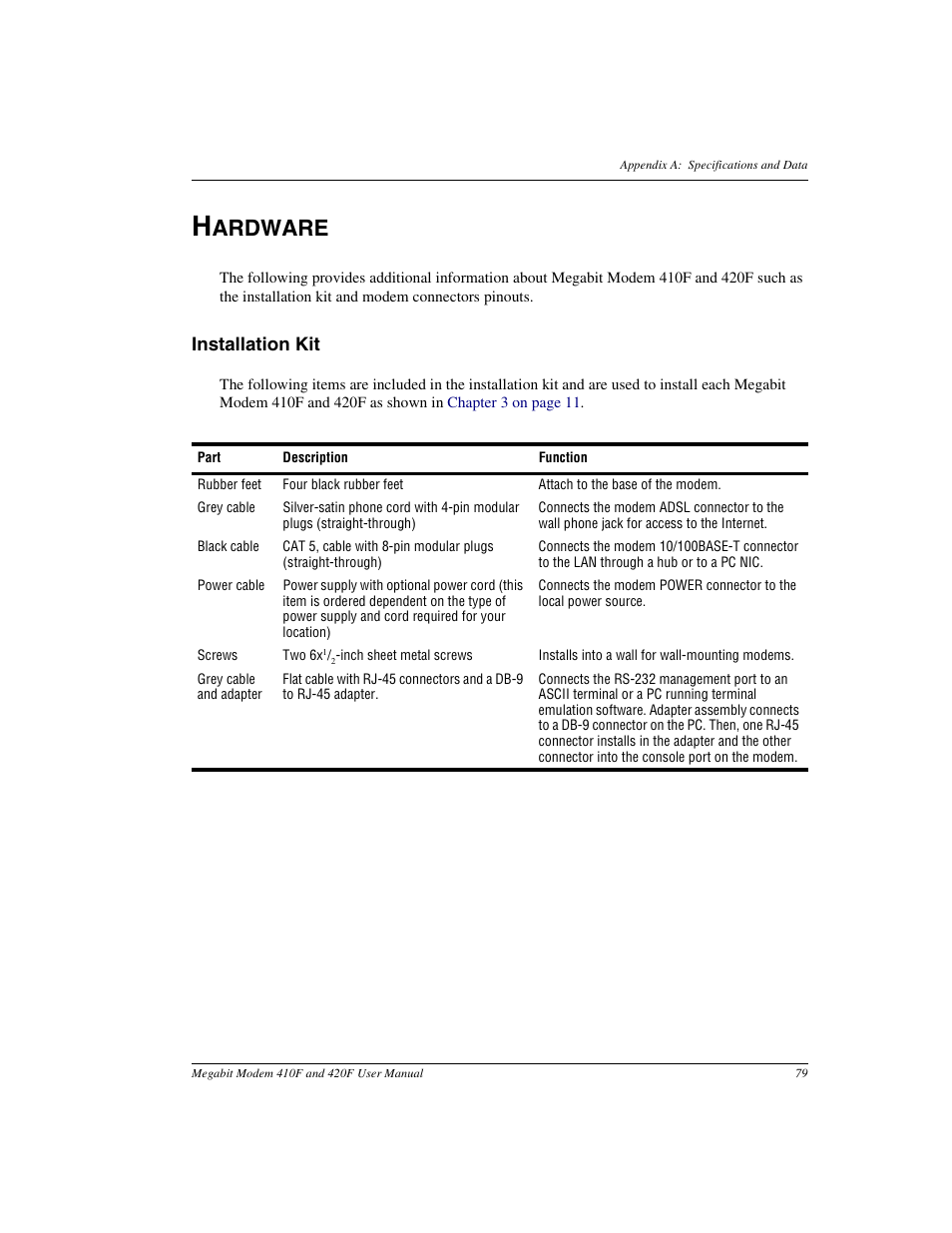 Hardware, Installation kit, Ardware | ADC 410F User Manual | Page 87 / 106