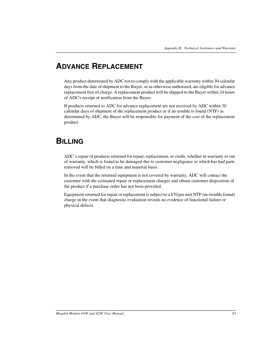Advance replacement, Billing | ADC 410F User Manual | Page 91 / 106