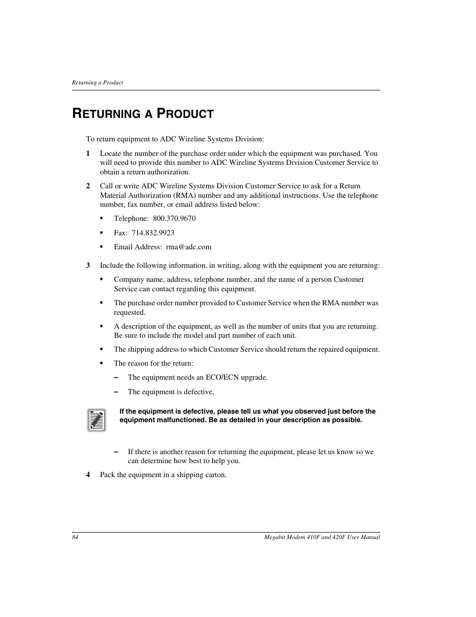 Returning a product, Eturning a, Roduct | ADC 410F User Manual | Page 92 / 106