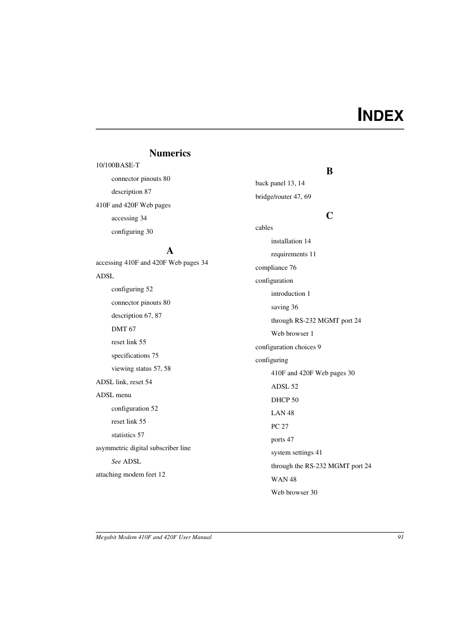 Ndex, Numerics | ADC 410F User Manual | Page 99 / 106