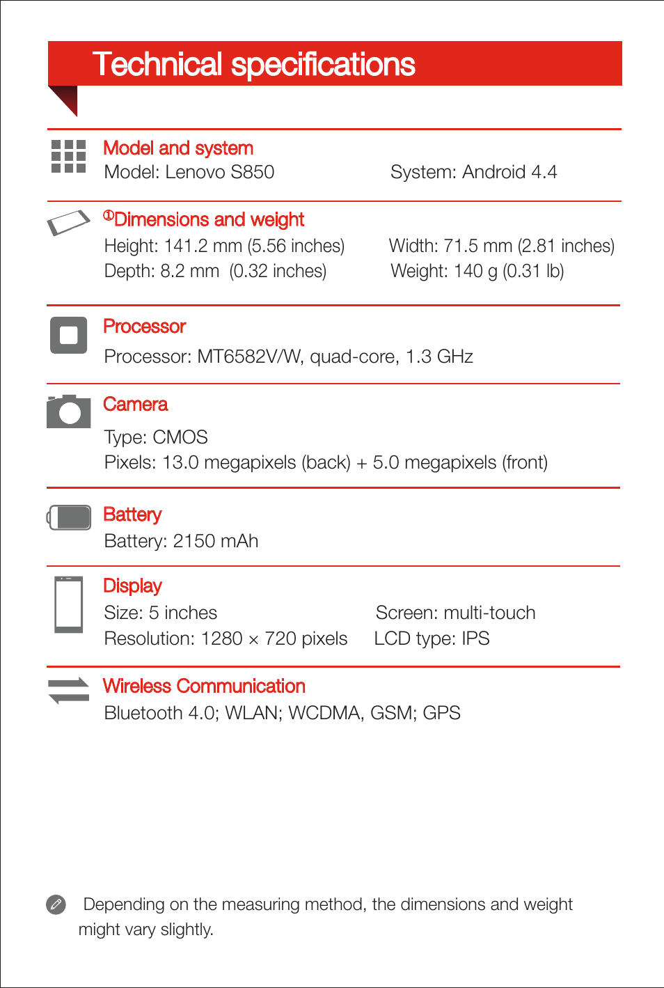 Technical specifications | Lenovo S850 Smartphone User Manual | Page 3 / 12