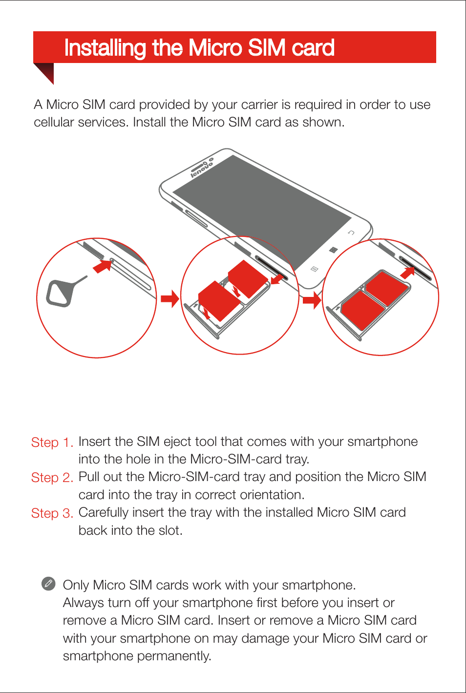 Installing the micro sim card | Lenovo S850 Smartphone User Manual | Page 5 / 12