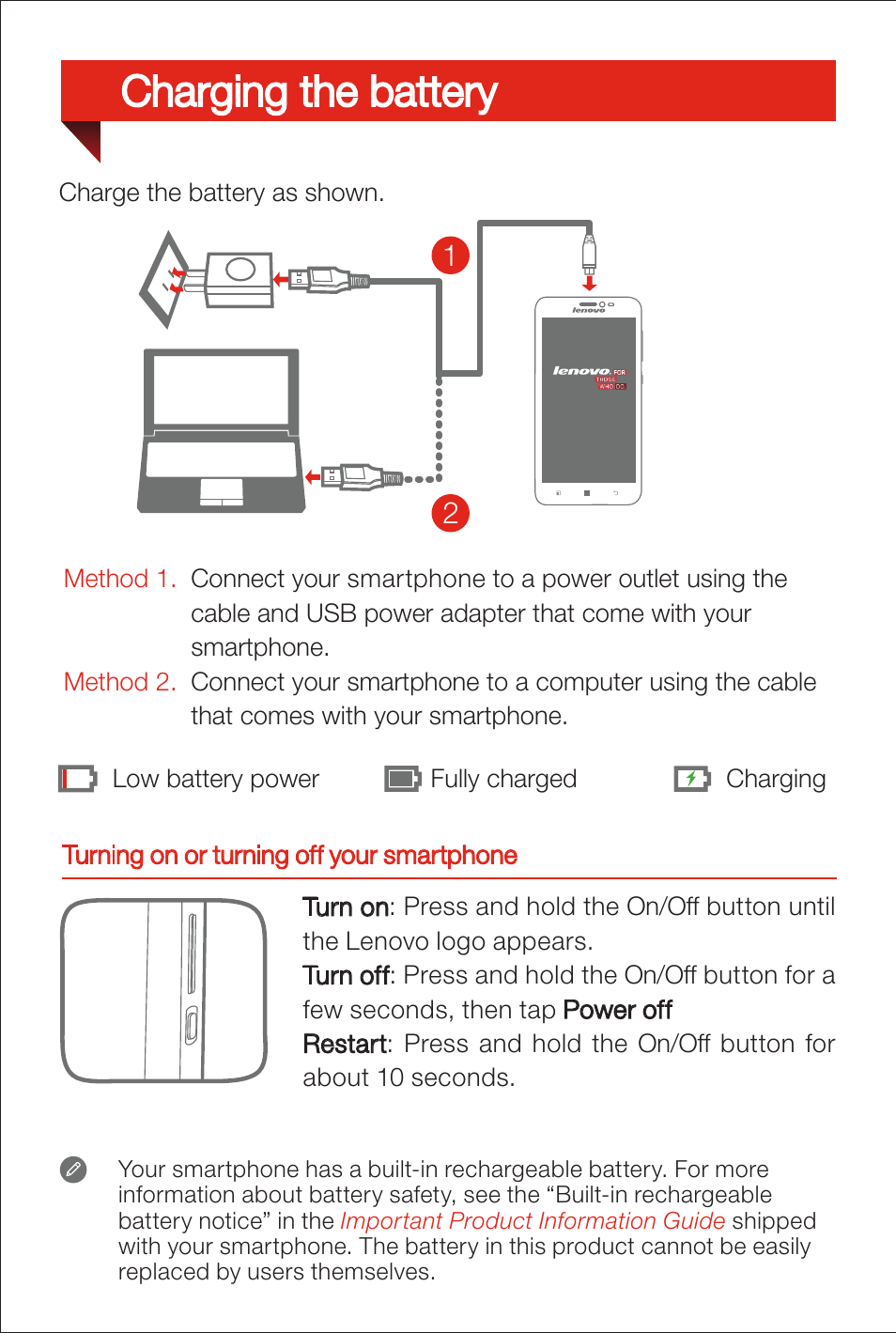 Charging the battery | Lenovo S850 Smartphone User Manual | Page 6 / 12