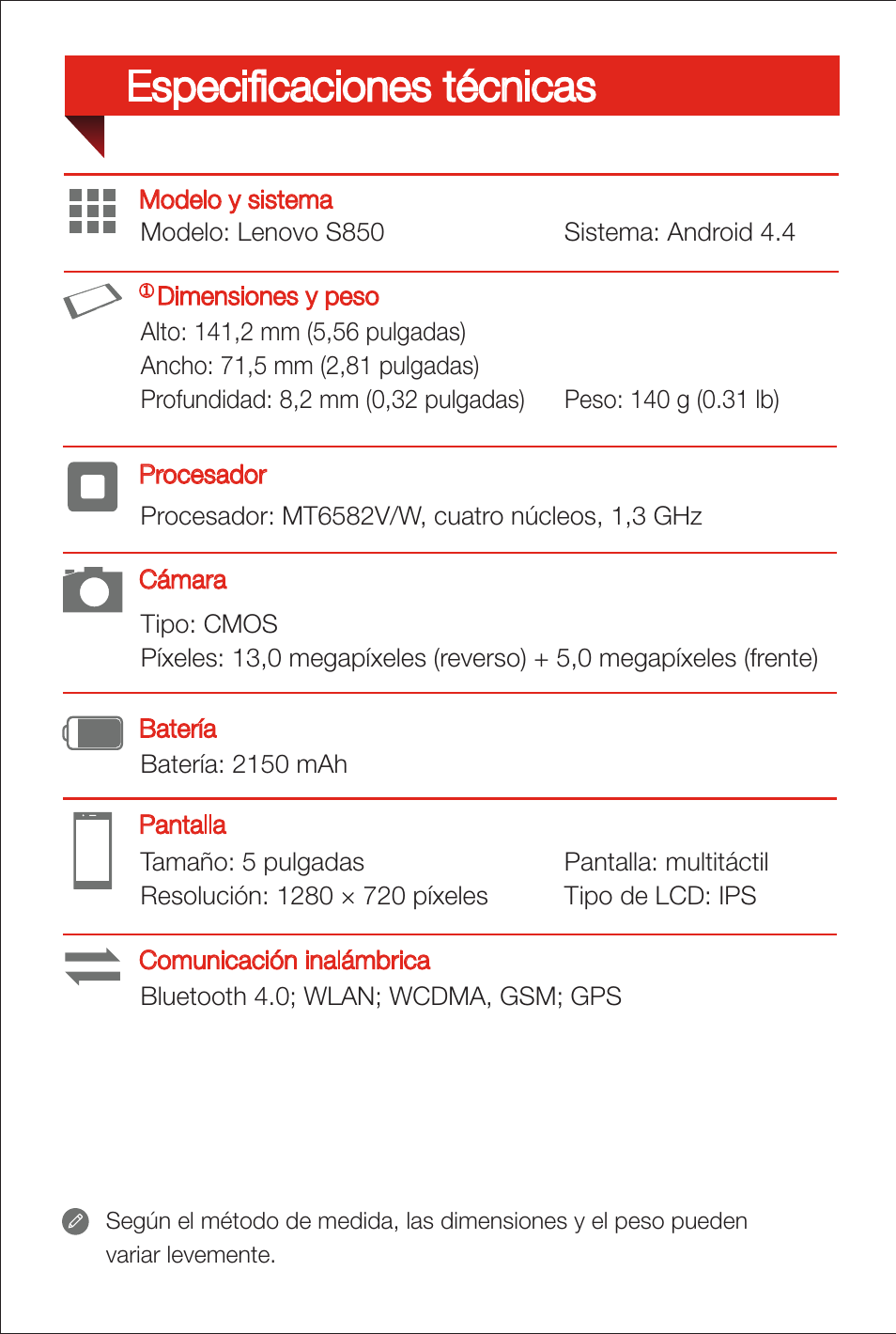 Especificaciones técnicas | Lenovo S850 Smartphone User Manual | Page 8 / 12