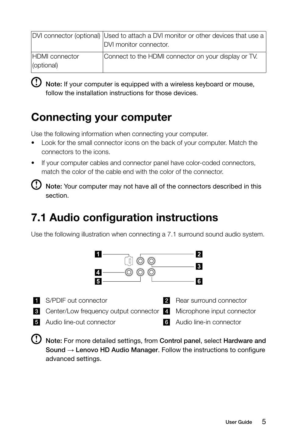 Connecting your computer, 1 audio configuration instructions | Lenovo Erazer X510 Desktop User Manual | Page 10 / 57