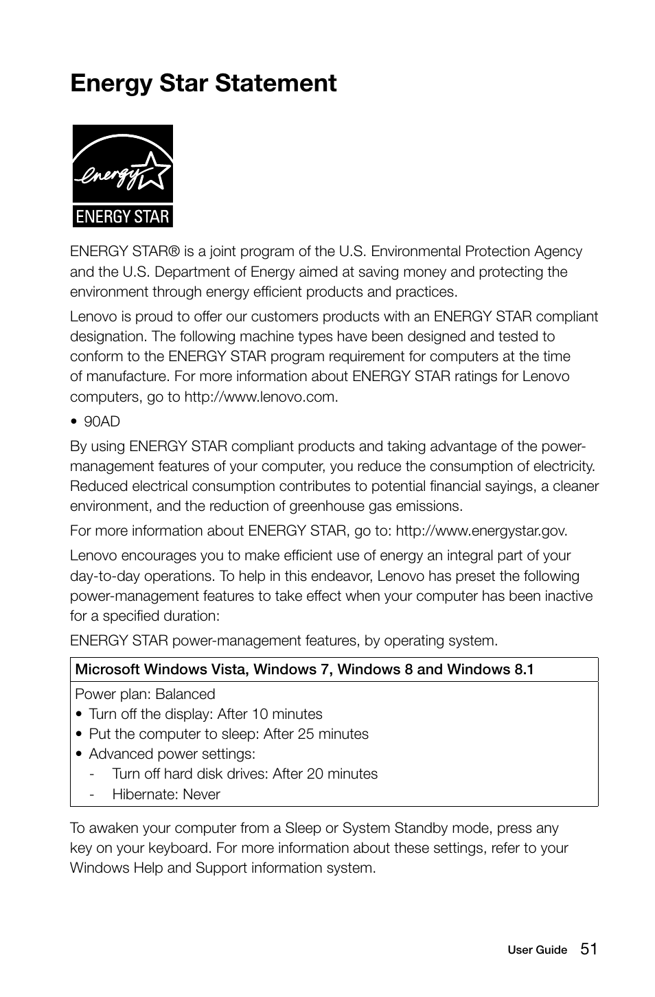 Energy star statement | Lenovo Erazer X510 Desktop User Manual | Page 56 / 57