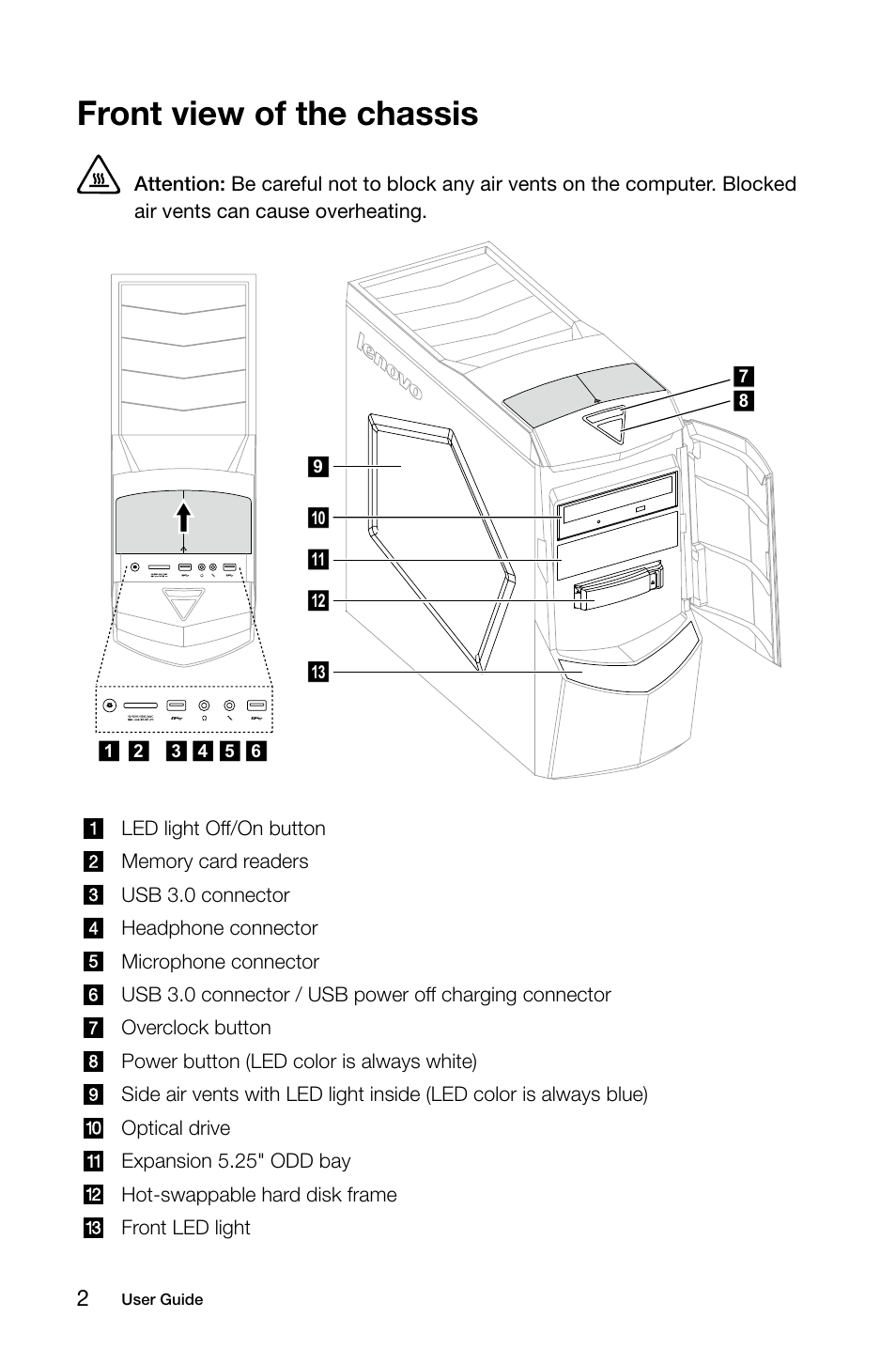 Front view of the chassis | Lenovo Erazer X510 Desktop User Manual | Page 7 / 57