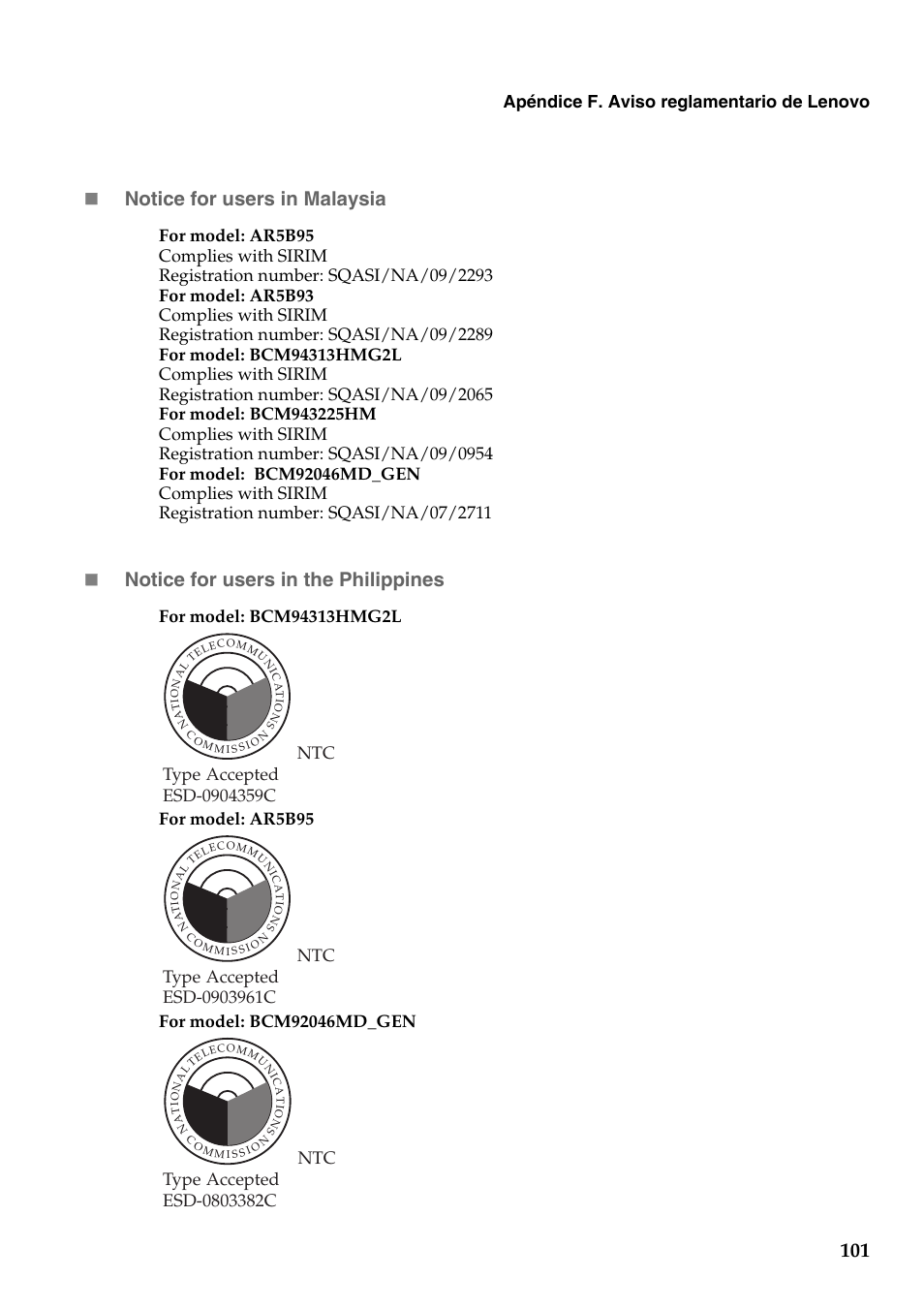 101  notice for users in malaysia, Notice for users in the philippines, Apéndice f. aviso reglamentario de lenovo | Lenovo G555 Notebook User Manual | Page 109 / 120