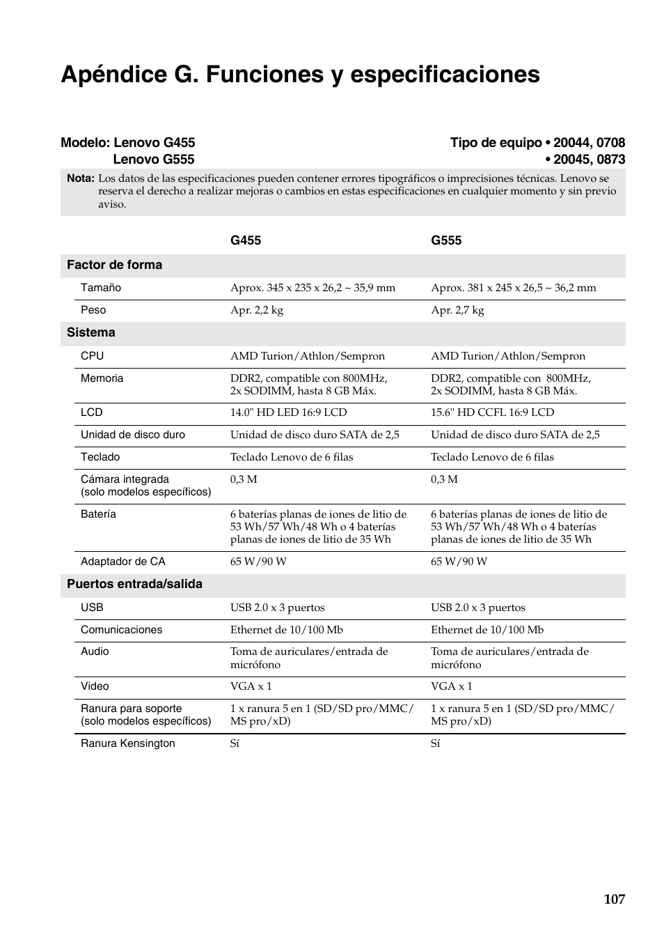 Apéndice g. funciones y especificaciones | Lenovo G555 Notebook User Manual | Page 115 / 120