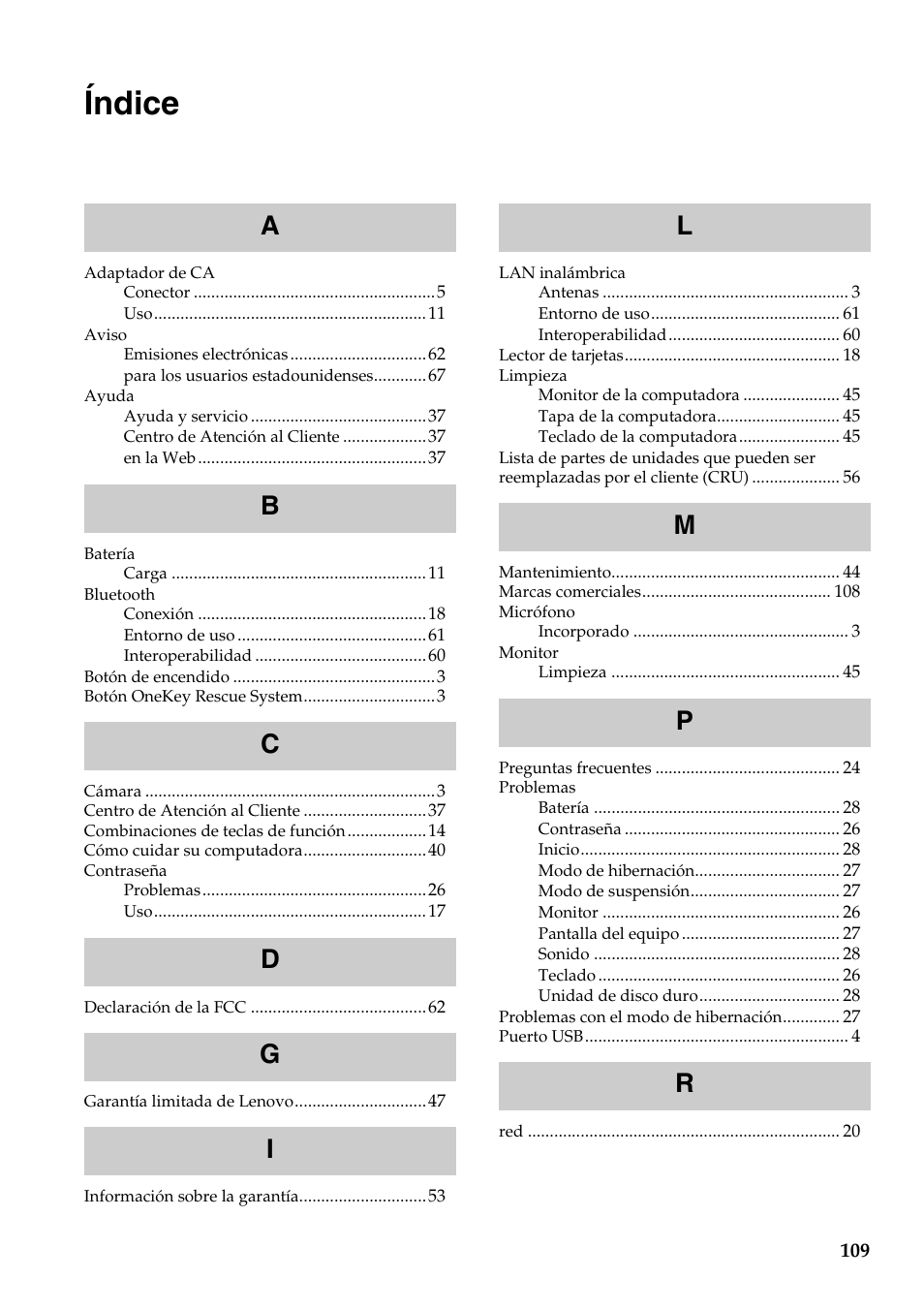 Índice | Lenovo G555 Notebook User Manual | Page 117 / 120