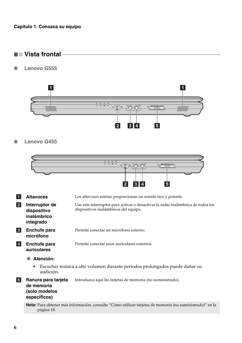 Vista frontal | Lenovo G555 Notebook User Manual | Page 14 / 120