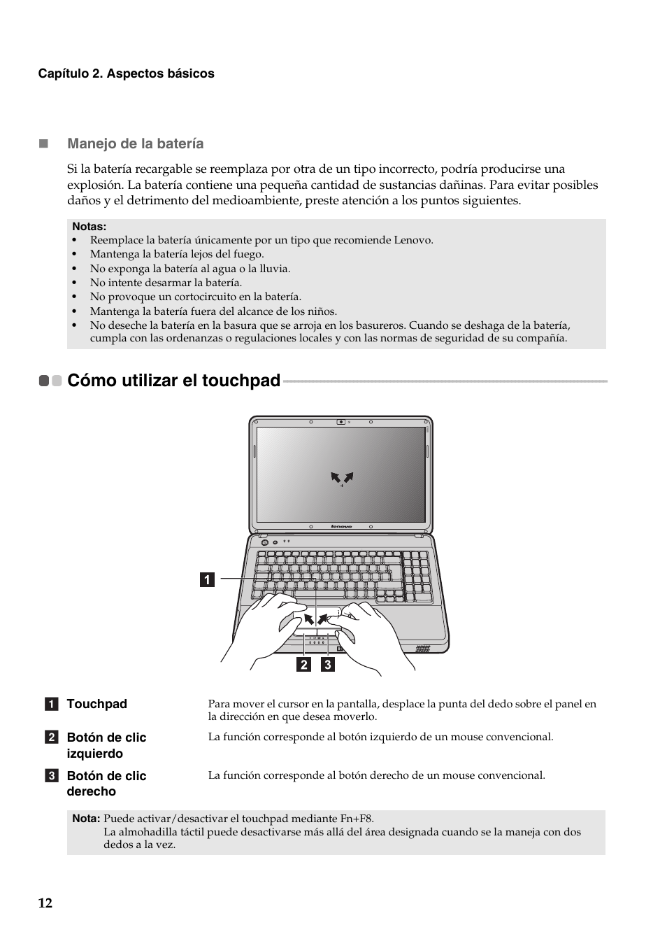 Cómo utilizar el touchpad, Manejo de la batería | Lenovo G555 Notebook User Manual | Page 20 / 120